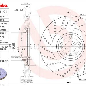 Brembo Brake Rotor, Vented Cross Drilled, One Piece Design, Wheel Bolt Pattern 5 X 112 Millimeter – 09A96021C02