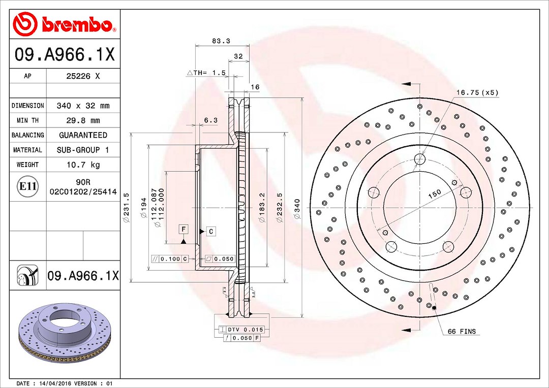 Brembo Brake Rotor, Xtra, Vented Cross Drilled, One Piece Design, Wheel Bolt Pattern 5 X 150 Millimeter – 09A9661XC02