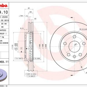 Brembo Brake Rotor, Vented, One Piece Design, Wheel Bolt Pattern 5 X 120 Millimeter – 09A96911C02