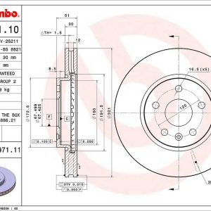 Brembo Brake Rotor, Vented, One Piece Design, Wheel Bolt Pattern 5 X 120 Millimeter – 09A97111C02