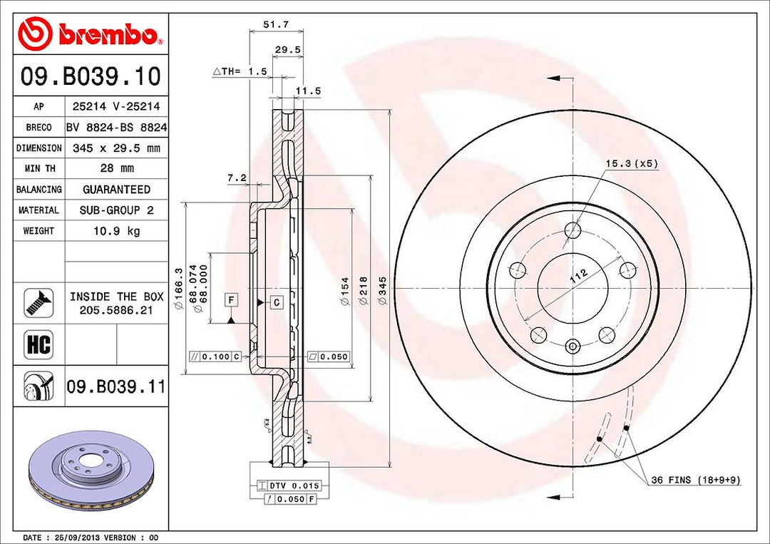 Brembo Brake Rotor, Vented, One Piece Design, Wheel Bolt Pattern 5 X 112 Millimeter – 09B03911C02