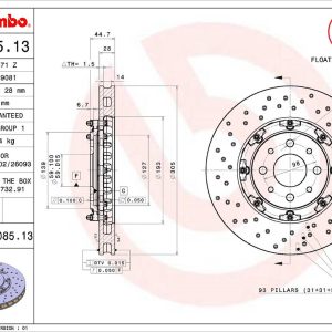 Brembo Brake Rotor, Vented Cross Drilled, One Piece Design, Wheel Bolt Pattern 4 X 98 Millimeter – 09B08513C02