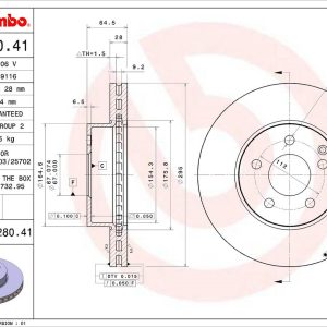 Brembo Brake Rotor, Vented, One Piece Design, Wheel Bolt Pattern 5 X 112 Millimeter – 09B28041C02