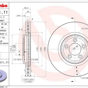 Brembo Brake Rotor, Vented, One Piece Design, Wheel Bolt Pattern 5 X 107.95 Millimeter – 09B31111C02