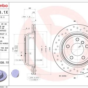 Brembo Brake Rotor, Xtra, Vented Cross Drilled, One Piece Design, Wheel Bolt Pattern 5 X 120 Millimeter – 09B3381XC02