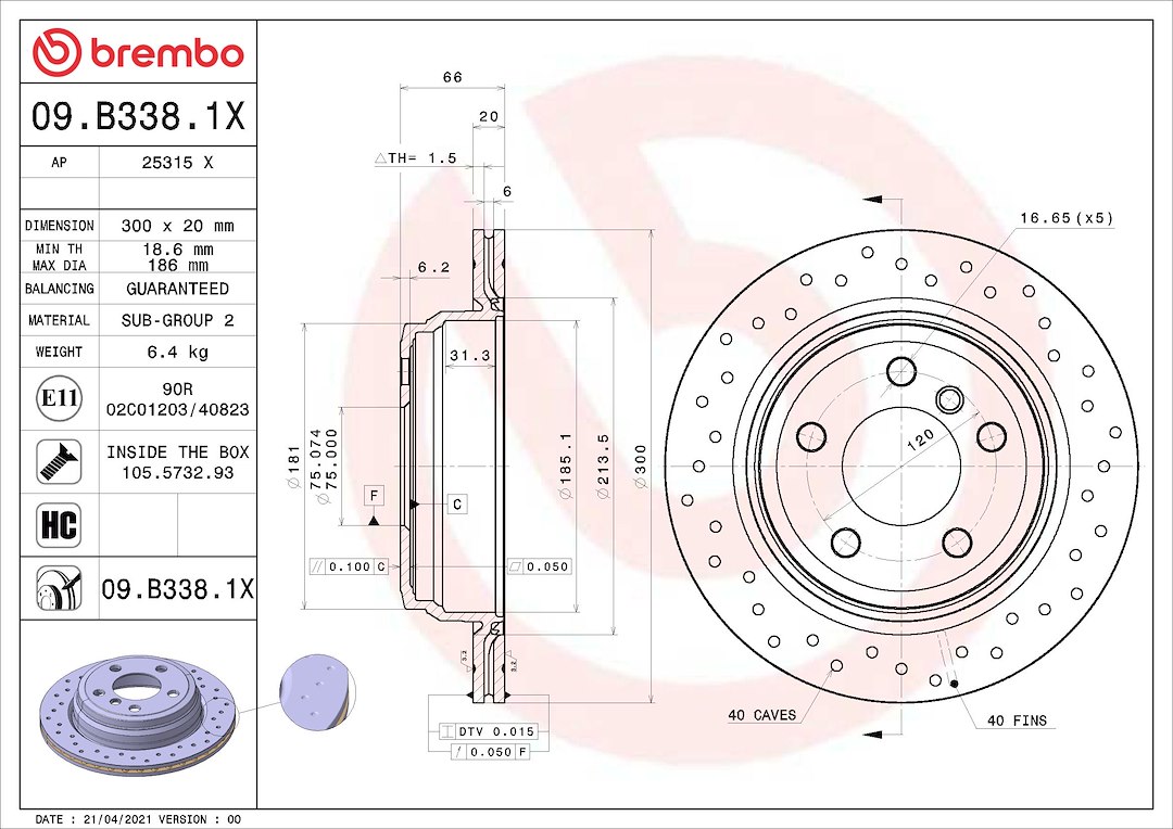 Brembo Brake Rotor, Xtra, Vented Cross Drilled, One Piece Design, Wheel Bolt Pattern 5 X 120 Millimeter – 09B3381XC02