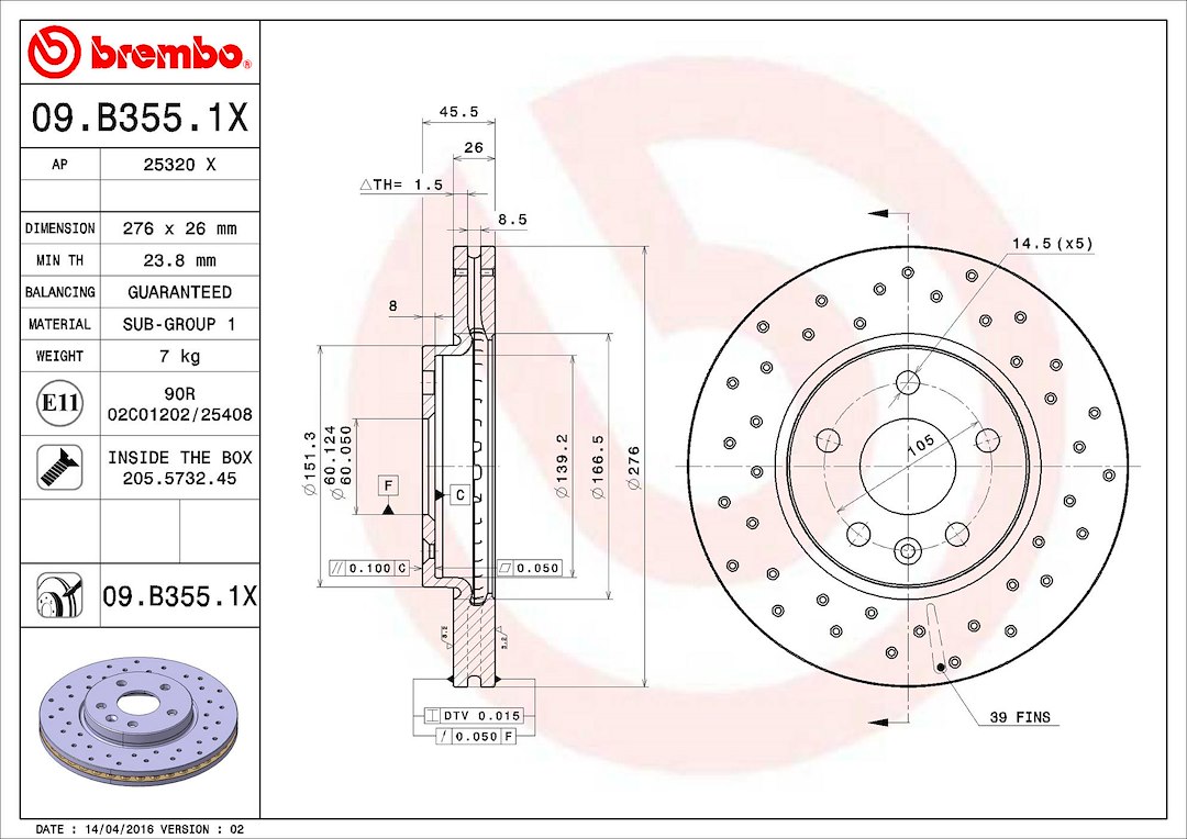 Brembo Brake Rotor, Xtra, Vented Cross Drilled, One Piece Design, Wheel Bolt Pattern 5 X 105 Millimeter – 09B3551XC02