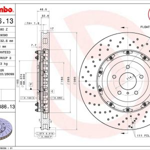 Brembo Brake Rotor, Vented Cross Drilled, One Piece Design, Wheel Bolt Pattern 5 X 114.3 Millimeter – 09B38613C02