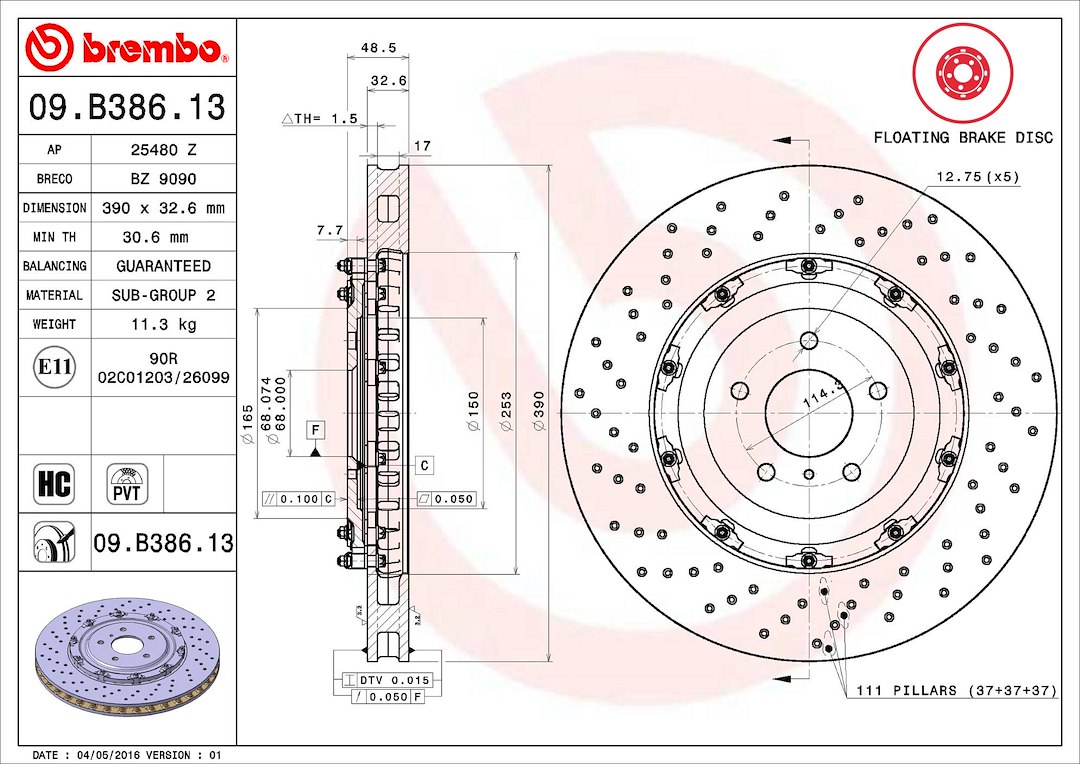 Brembo Brake Rotor, Vented Cross Drilled, One Piece Design, Wheel Bolt Pattern 5 X 114.3 Millimeter – 09B38613C02