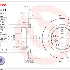 Brembo Brake Rotor, Vented, One Piece Design, Wheel Bolt Pattern 5 X 120 Millimeter – 09B41411C02