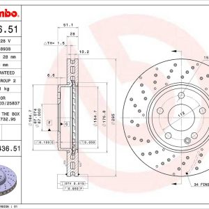 Brembo Brake Rotor, Vented Cross Drilled, One Piece Design, Wheel Bolt Pattern 5 X 112 Millimeter – 09B43651C02