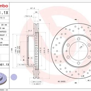 Brembo Brake Rotor, Xtra, Vented Cross Drilled, One Piece Design, Wheel Bolt Pattern 6 X 139.7 Millimeter – 09B4611XC02