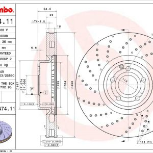Brembo Brake Rotor, Vented Cross Drilled, One Piece Design, Wheel Bolt Pattern 5 X 112 Millimeter – 09B47411C02