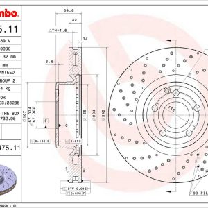 Brembo Brake Rotor, Vented Cross Drilled, One Piece Design, Wheel Bolt Pattern 5 X 112 Millimeter – 09B47511C02