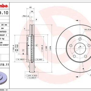 Brembo Brake Rotor, Vented, One Piece Design, Wheel Bolt Pattern 5 X 110 Millimeter – 09B51911C02