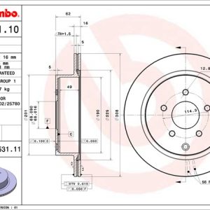 Brembo Brake Rotor, Vented, One Piece Design, Wheel Bolt Pattern 5 X 114.3 Millimeter – 09B53111C02