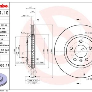 Brembo Brake Rotor, Vented, One Piece Design, Wheel Bolt Pattern 5 X 115 Millimeter – 09B53511C02