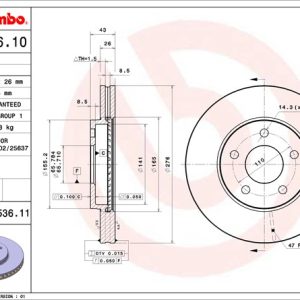 Brembo Brake Rotor, Vented, One Piece Design, Wheel Bolt Pattern 5 X 110 Millimeter – 09B53611C02