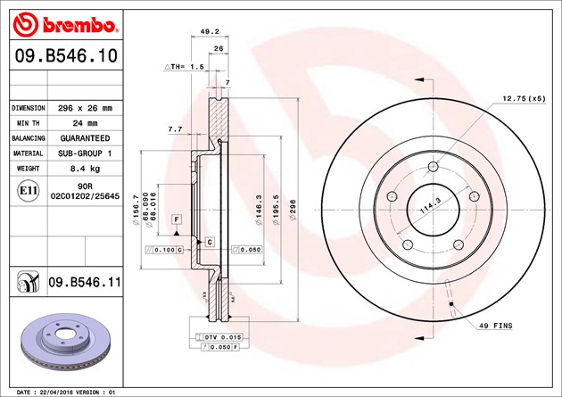 Brembo Brake Rotor, Vented, One Piece Design, Wheel Bolt Pattern 5 X 114.3 Millimeter – 09B54611C02