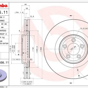 Brembo Brake Rotor, Vented, One Piece Design, Wheel Bolt Pattern 5 X 107.95 Millimeter – 09B55611C02