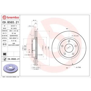 Brembo Brake Rotor, Prime, Vented, One Piece Design, Wheel Bolt Pattern 5 X 114.3 Millimeter – 09.B565.21