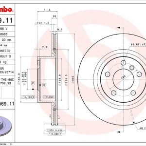 Brembo Brake Rotor, Vented, One Piece Design, Wheel Bolt Pattern 5 X 120 Millimeter – 09B56911C02
