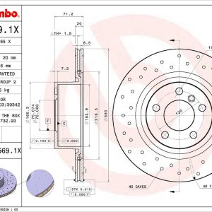 Brembo Brake Rotor, Xtra, Vented Cross Drilled, One Piece Design, Wheel Bolt Pattern 5 X 120 Millimeter – 09B5691XC02