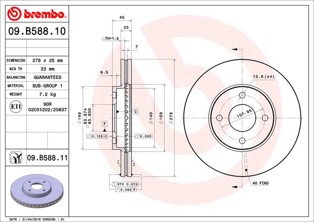 Brembo Brake Rotor, Vented, One Piece Design, Wheel Bolt Pattern 4 X 107.95 Millimeter – 09B58811C02