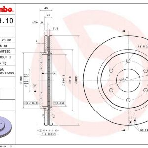 Brembo Brake Rotor, Vented, One Piece Design, Wheel Bolt Pattern 6 X 139.7 Millimeter – 09B63910C02