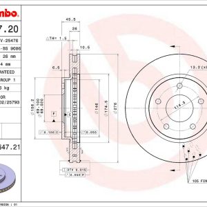Brembo Brake Rotor, Vented, One Piece Design, Wheel Bolt Pattern 5 X 114.3 Millimeter – 09B64721C02