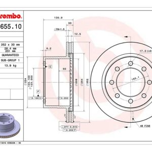 Brembo Brake Rotor, Vented, One Piece Design, Wheel Bolt Pattern 8 X 165.1 Millimeter – 09B65510C02