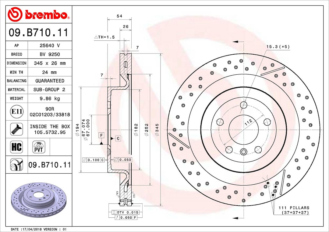 Brembo Brake Rotor, Vented Cross Drilled, One Piece Design, Wheel Bolt Pattern 5 X 112 Millimeter – 09B71011C02