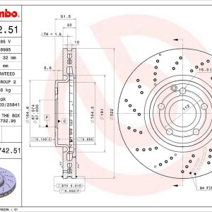 Brembo Brake Rotor, Vented Cross Drilled, One Piece Design, Wheel Bolt Pattern 5 X 112 Millimeter – 09B74251C02