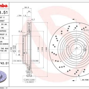 Brembo Brake Rotor, Vented Cross Drilled, One Piece Design, Wheel Bolt Pattern 5 X 112 Millimeter – 09B74351C02