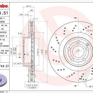 Brembo Brake Rotor, Vented Cross Drilled, One Piece Design, Wheel Bolt Pattern 5 X 112 Millimeter – 09B74451C02