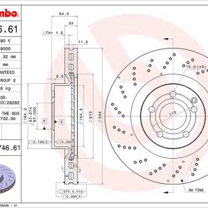 Brembo Brake Rotor, Vented Cross Drilled, One Piece Design, Wheel Bolt Pattern 5 X 112 Millimeter – 09B74661C02