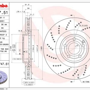 Brembo Brake Rotor, Vented Cross Drilled, One Piece Design, Wheel Bolt Pattern 5 X 112 Millimeter – 09B74751C02