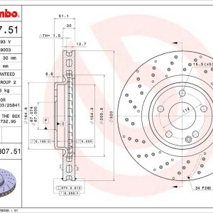 Brembo Brake Rotor, Vented Cross Drilled, One Piece Design, Wheel Bolt Pattern 5 X 112 Millimeter – 09B80751C02