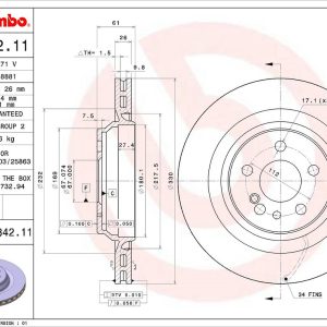 Brembo Brake Rotor, Vented, One Piece Design, Wheel Bolt Pattern 5 X 112 Millimeter – 09B84211C02