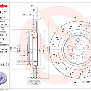 Brembo Brake Rotor, Vented Cross Drilled, One Piece Design, Wheel Bolt Pattern 5 X 112 Millimeter – 09B84221C02