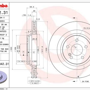 Brembo Brake Rotor, Vented, One Piece Design, Wheel Bolt Pattern 5 X 112 Millimeter – 09B84231C02