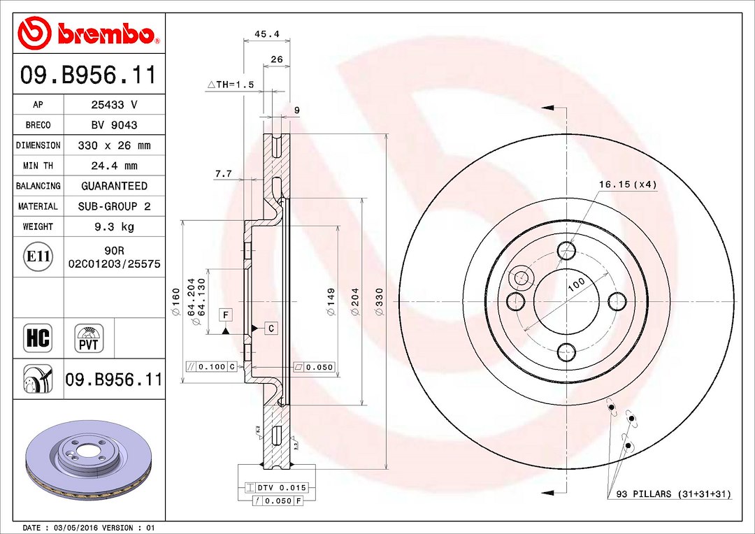 Brembo Brake Rotor, Vented, One Piece Design, Wheel Bolt Pattern 4 X 100 Millimeter – 09B95611C02