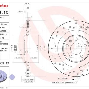 Brembo Brake Rotor, Xtra, Vented Cross Drilled, One Piece Design, Wheel Bolt Pattern 5 X 112 Millimeter – 09B9691XC02