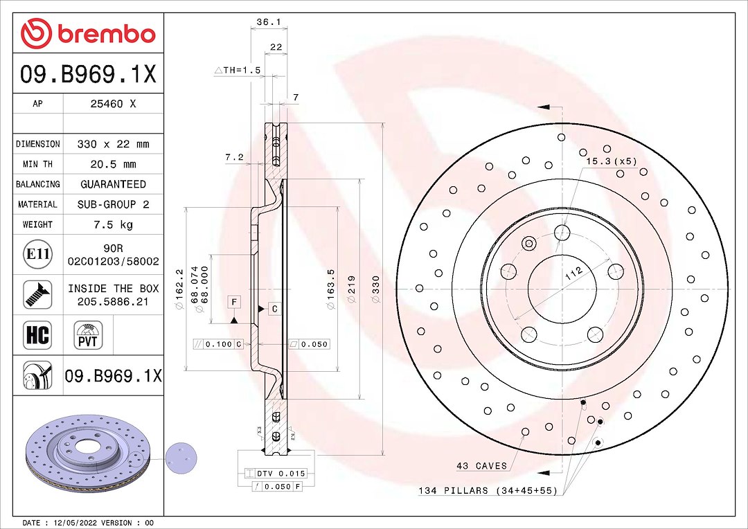 Brembo Brake Rotor, Xtra, Vented Cross Drilled, One Piece Design, Wheel Bolt Pattern 5 X 112 Millimeter – 09B9691XC02