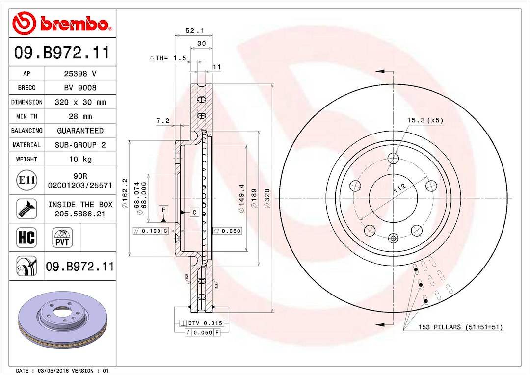 Brembo Brake Rotor, Vented, One Piece Design, Wheel Bolt Pattern 5 X 112 Millimeter – 09B97211C02