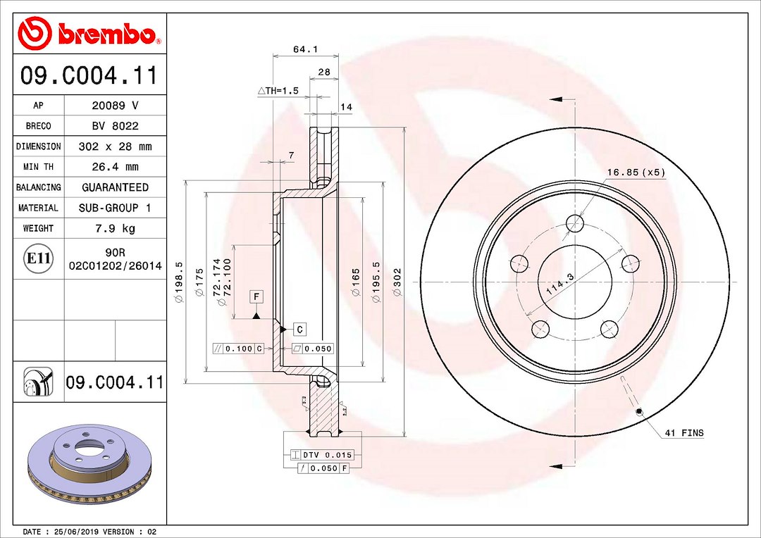 Brembo Brake Rotor, Vented, One Piece Design, Wheel Bolt Pattern 5 X 114.3 Millimeter – 09C00411C02