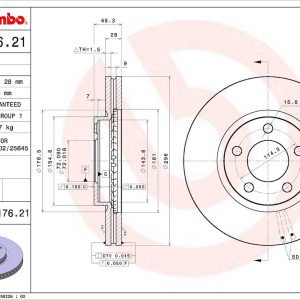 Brembo Brake Rotor, Vented, One Piece Design, 296 Millimeter Diameter X 48.3 Millimeter Height X 28 Millimeter Thickness, Gray Cast Iron – 09C17621C02