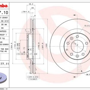 Brembo Brake Rotor, Vented, One Piece Design, Wheel Bolt Pattern 5 X 114.3 Millimeter – 09C17711C02