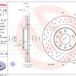 Brembo Brake Rotor, Xtra, Vented Cross Drilled, One Piece Design, Wheel Bolt Pattern 5 X 114.3 Millimeter – 09C1771XC02