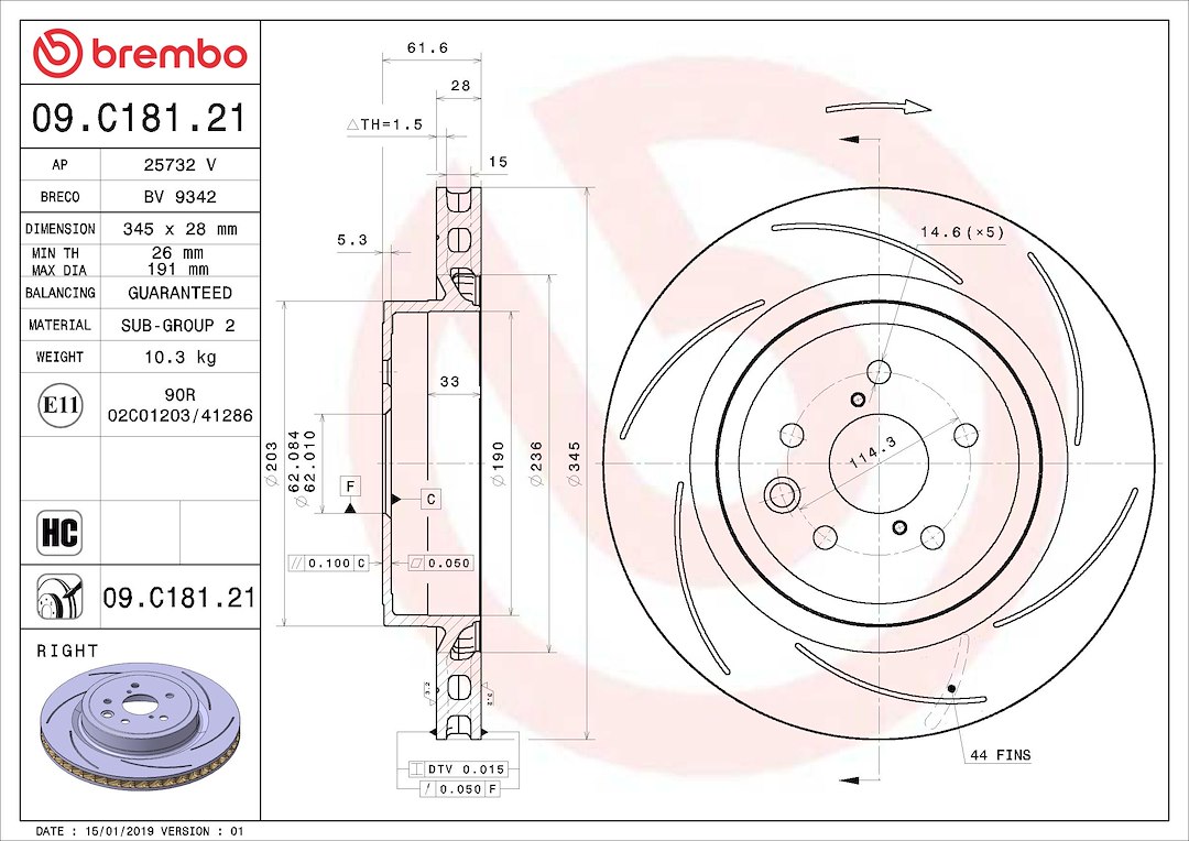 Brembo Brake Rotor, Prime, Vented, Slotted, One Piece Design, Wheel Bolt Pattern 5 X 114.3 Millimeter – 09C18121C02